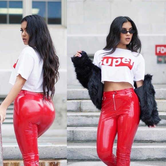 Red Latex High Shine Pants - Picture 3 of 6